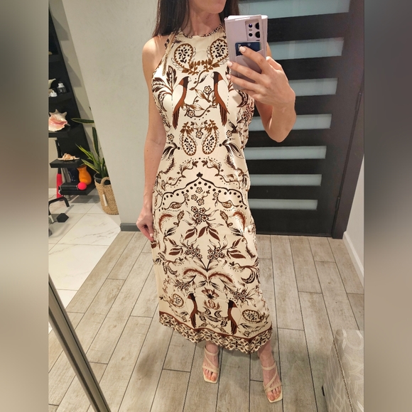 House of Harlow 1960 Satin Halter Maxi Dress Tropical Birds Print Tassels M - Picture 4 of 6